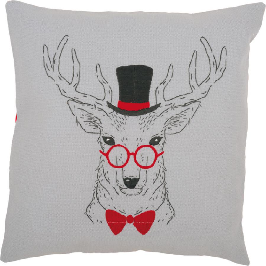 PN-0156051 Набор для вышивания гладью (подушка) Vervaco Deer with Red Glasses "Олень в красных очках". Каталог товарів. Набори