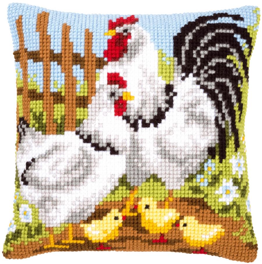PN-0146209 Набор для вышивания крестом (подушка) Vervaco Chicken family on a farm "Куриная семья на ферме". Каталог товарів. Набори