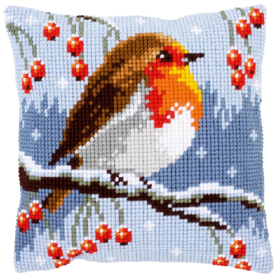 PN-0149810 Набор для вышивания крестом (подушка) Vervaco Red Robin in winter "Робин в зимний период. Снегирь". Каталог товарів. Набори