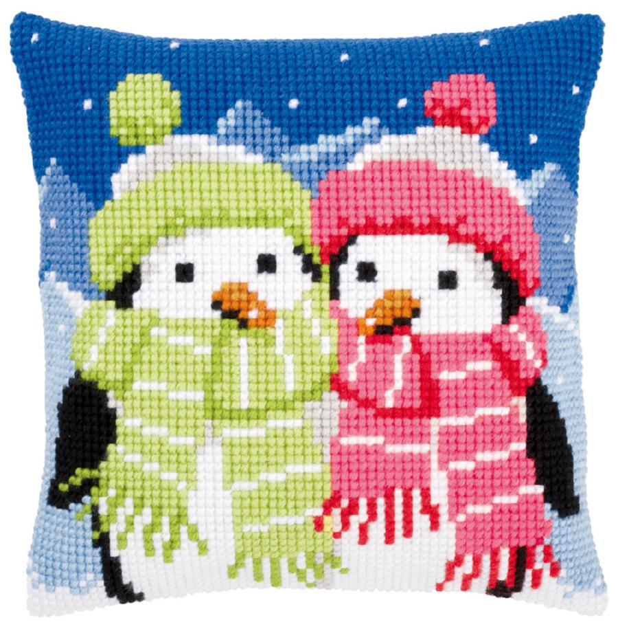 PN-0147690 Набор для вышивания крестом (подушка) Vervaco Penguins with scarf "Пингвины в шарфах". Каталог товарів. Набори
